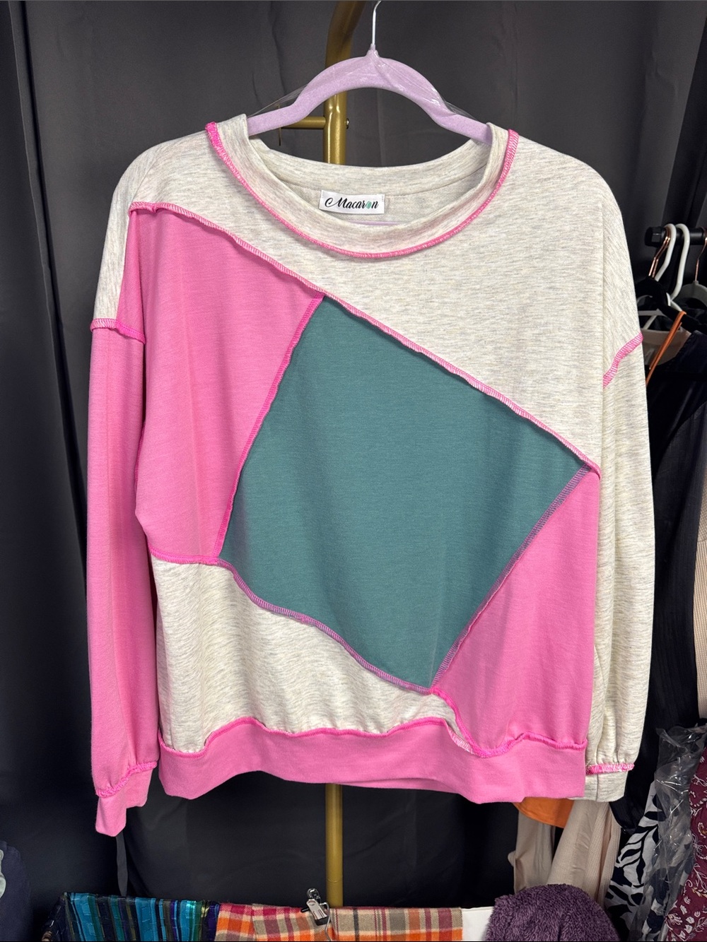 MACARON Pink and Teal Colorblock Crewneck Sweater